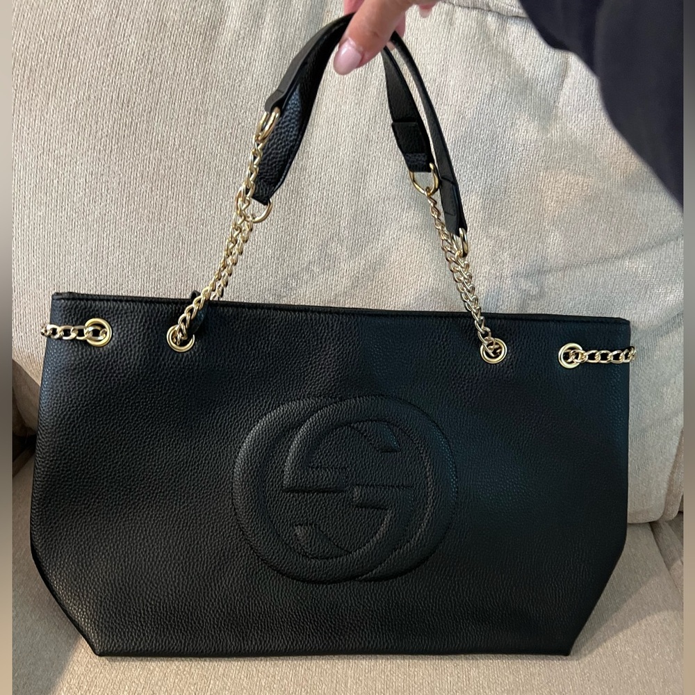 Gucci Black Tote with Gold Chain Accents